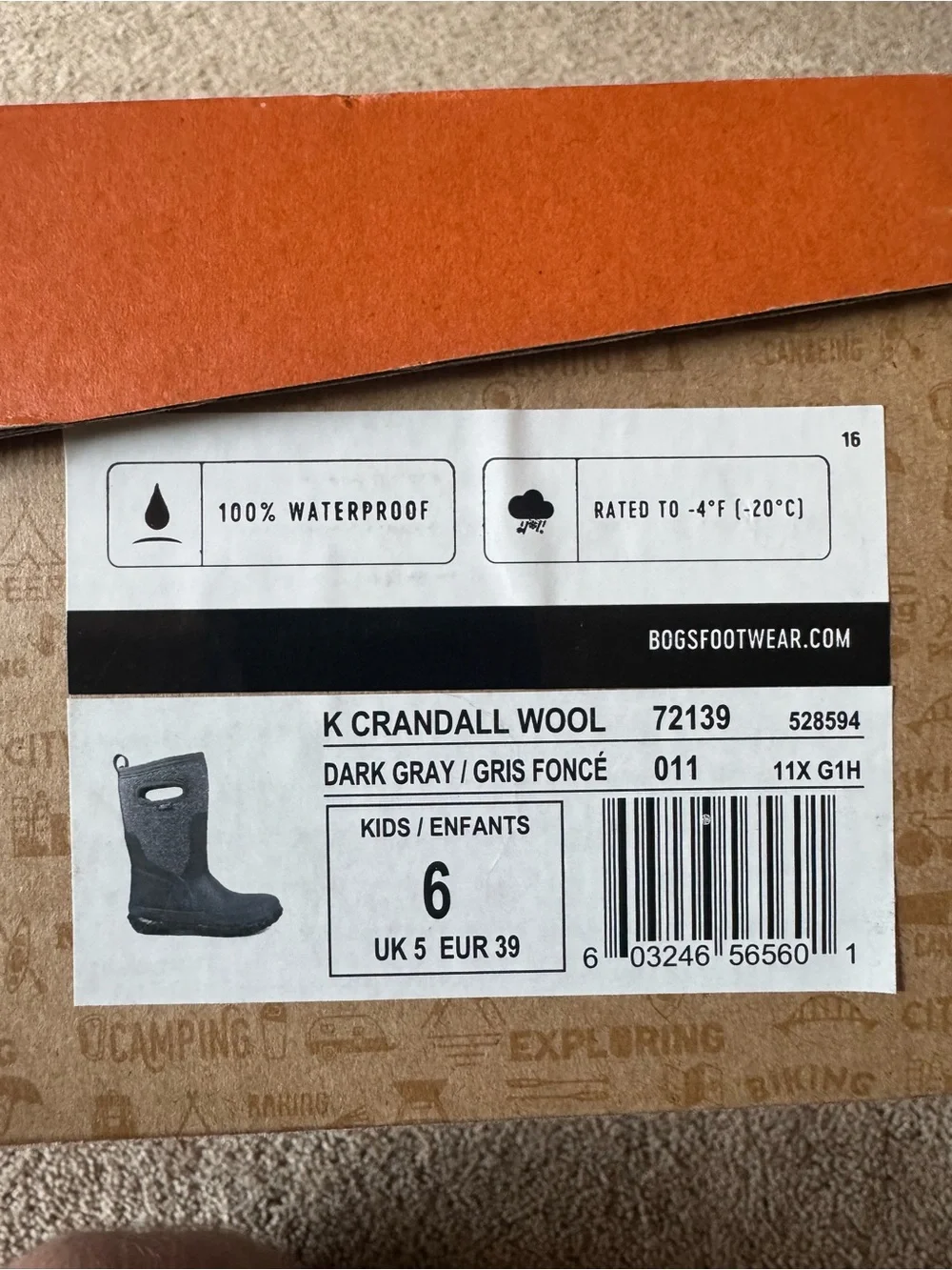 Brand New With Box BOGS Girls Size 6 Crandall Wool Waterproof Boots, Dark Grey